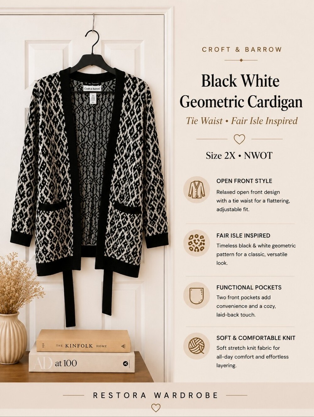 Croft & Barrow Fair Isle Black White Geometric Belted Cardigan 2X NWOT